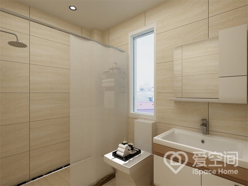 卫生间采用米色大理石为背景，细腻的纹理和强烈的线条塑造出温馨的空间氛围，干湿分离设计加深了空间层次。