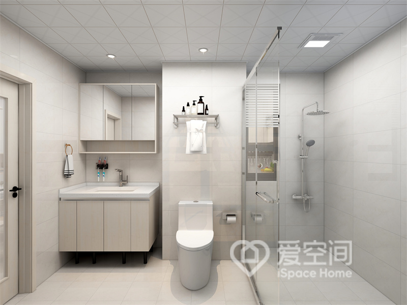卫浴空间采用现代简约的设计格调，整体以白色为主色，干湿分离提升了空间质感和生活效率。