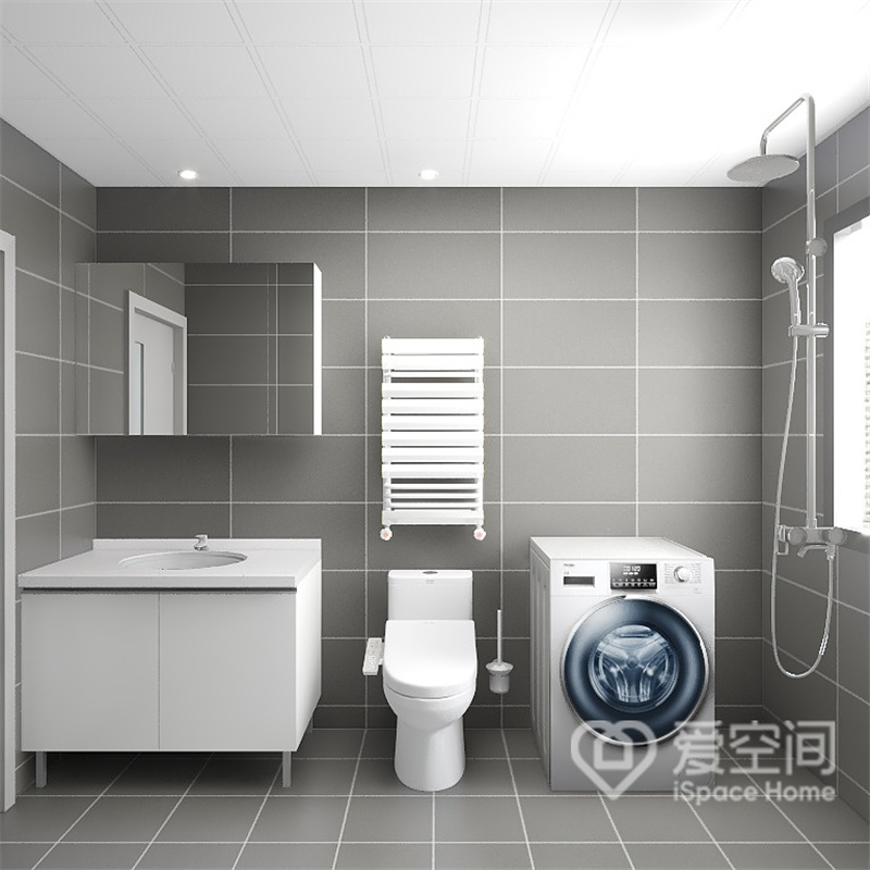 卫浴空间强调实用性与功能性，灰白色背景打造出沉稳的空间气质，白色洁具放置其中，立体感凸显。