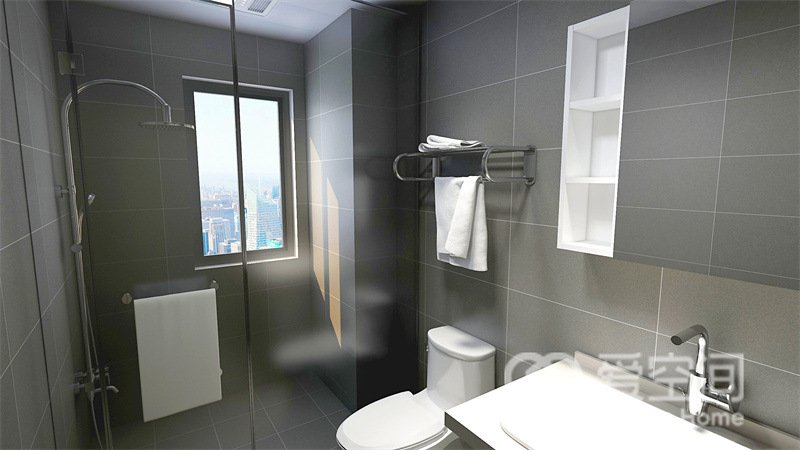 卫浴空间的面积不大，几何线条增加了空间的层次感，干湿分离也令日常使用变得更加舒适。