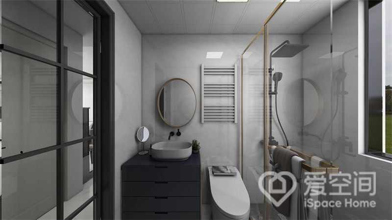 为了让卫浴空间看上去更有层次感，设计师做了干湿分离，洁具一字型布置提升了使用舒适度。