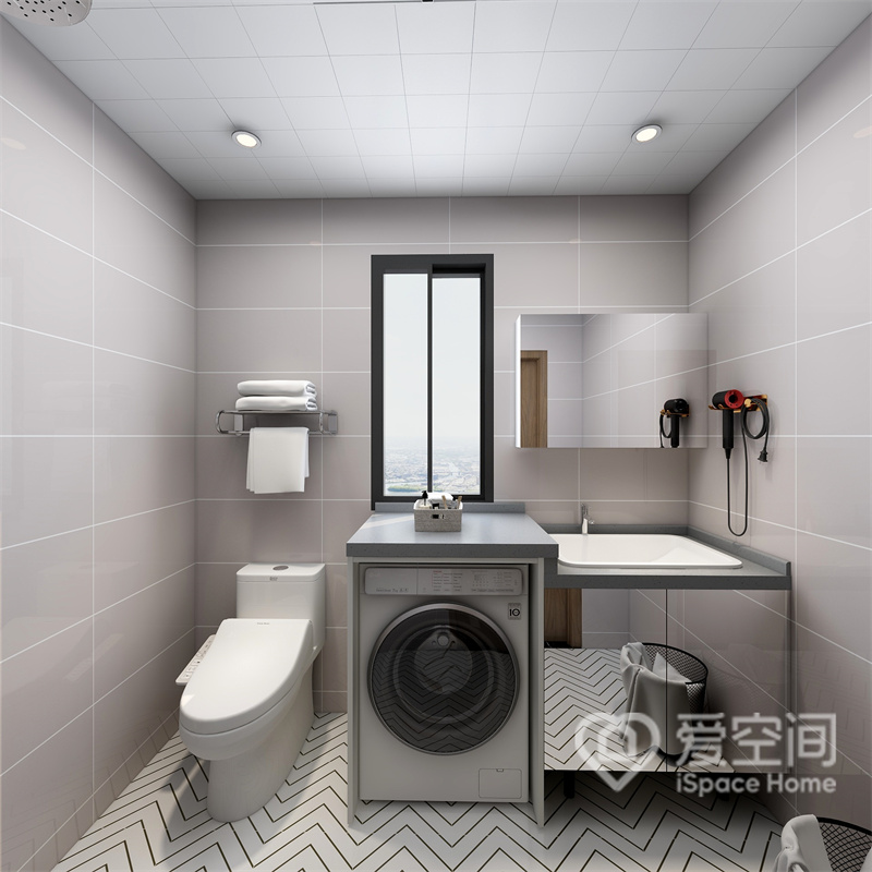 卫生间动线明朗，马桶、洗衣机及洗手柜一字布置，几何花砖提高了空间的层次感和时尚感。