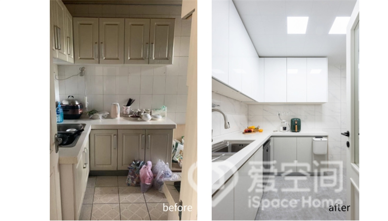 左开门改成右开门，释放更多空间来安装橱柜。橱柜选用的是爱空间法尼尼的西西里系列，PET饰面搭配石英石台面，以简洁的设计打造整洁实用的厨房空间。