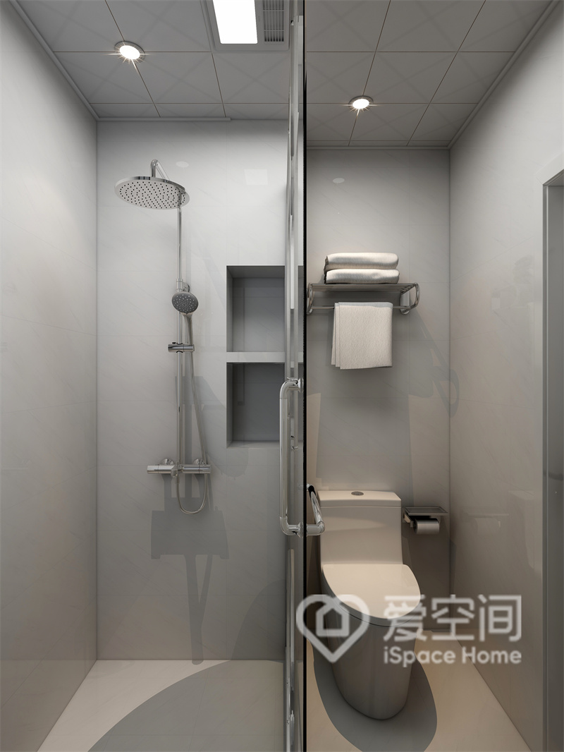卫生间背景与洁具配色相得益彰，干湿分离令空间变得更加有序，展示出舒适高效的生活空间。