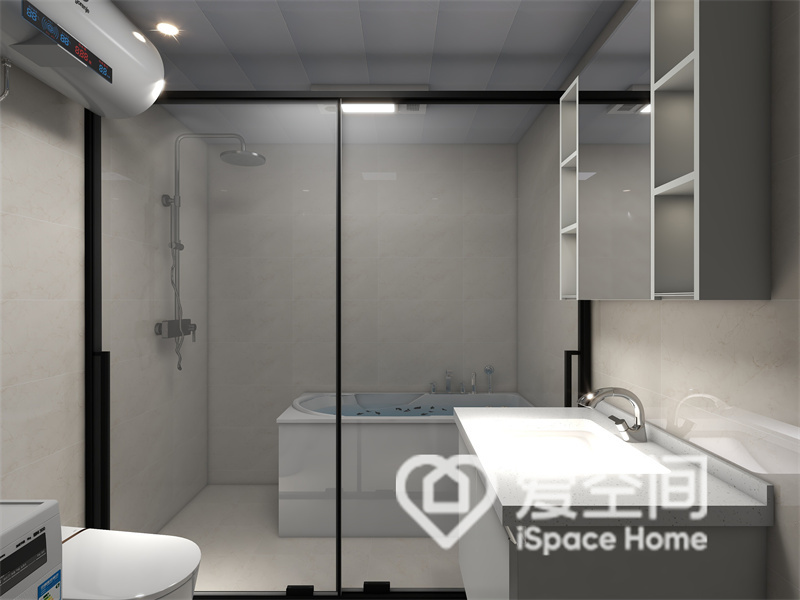 卫生间采用了干湿分离设计，温和朴质的米色背景赋予了空间柔软细腻的氛围，白色洁具成为空间点缀。