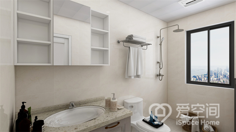 卫浴间选用米色为空间主色，洁具一字型排开，白色洁具点缀其中增加了空间的洁净观感。