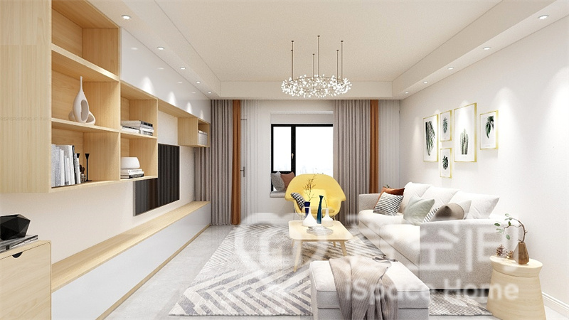 客厅吊顶设计简单，布艺沙发搭配原木茶几，整体以浅色系为主，电视墙的设计体现出现代风格的简约而不简单。