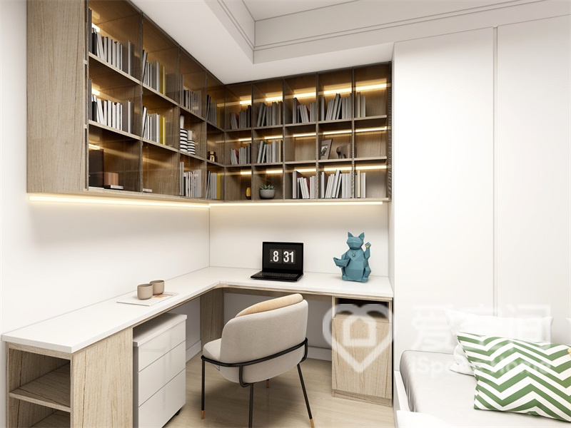 臥室內部都具有書柜的設計，這樣在休息之后便可以馬上投入到工作狀態中，對工作效率提升可以有很大好處。