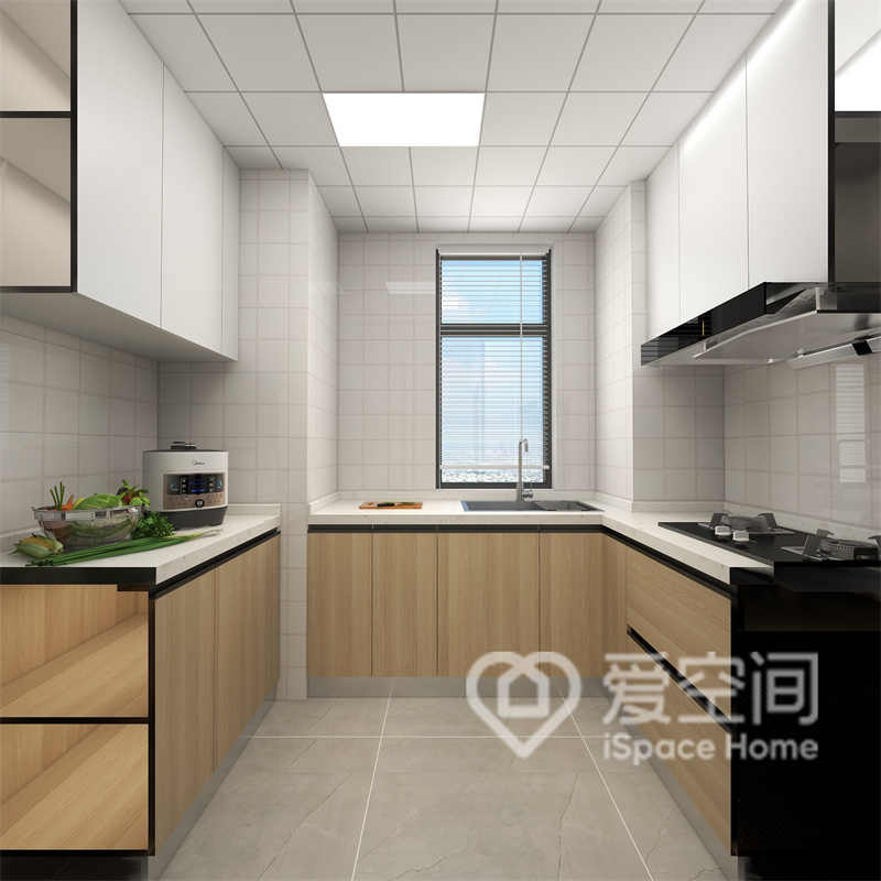 原木橱柜与白色吊柜相辅相成，丰富了空间的配色，令厨房更加层次分明。