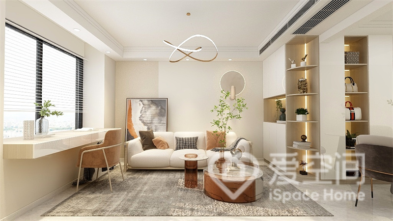 客廳家具配色與風格色調統一，奶茶色家具賦予了空間浪漫的基調。
