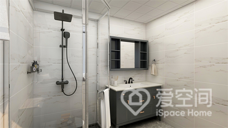 衛生間采用了干濕分離設計，室內功能齊全，洗手臺的設計既硬朗又時髦。
