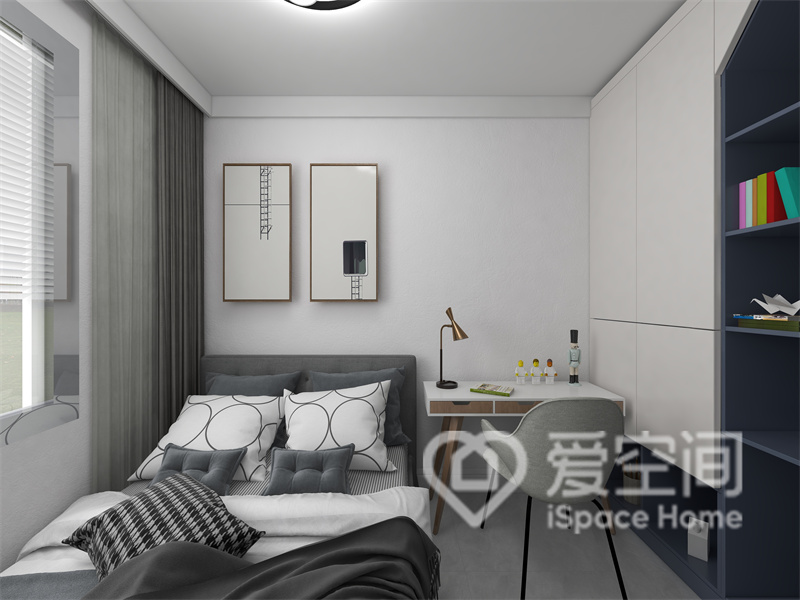 次卧空间中，家具以细腻的纹理展现出空间的精致质感，动线规划合理有序。
