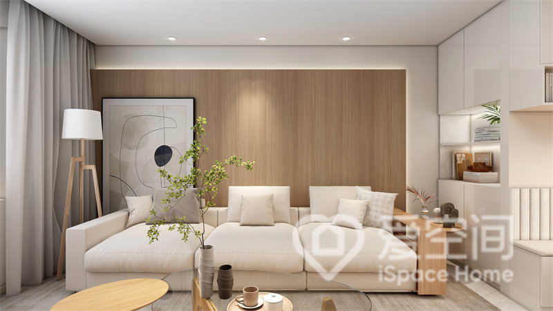 客厅的设计简约独特，背景墙利用木材提升温馨感，呈现出现代温馨的生活气息。