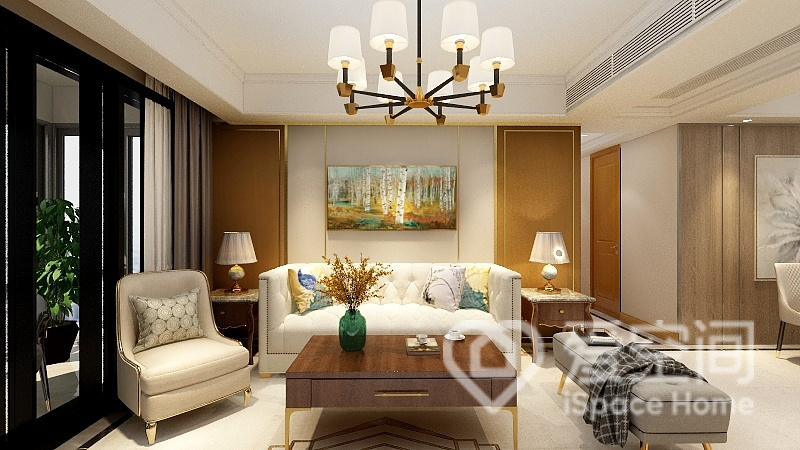 客厅背景墙采用对称的手法设计，配以白色家具，空间更加富有质感与层次。