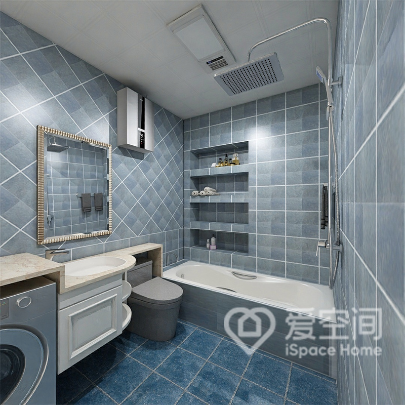 墙面颜色深，顶面颜色浅的设计手法，在视觉上拉高了卫浴间的层高，让空间更舒展大气。