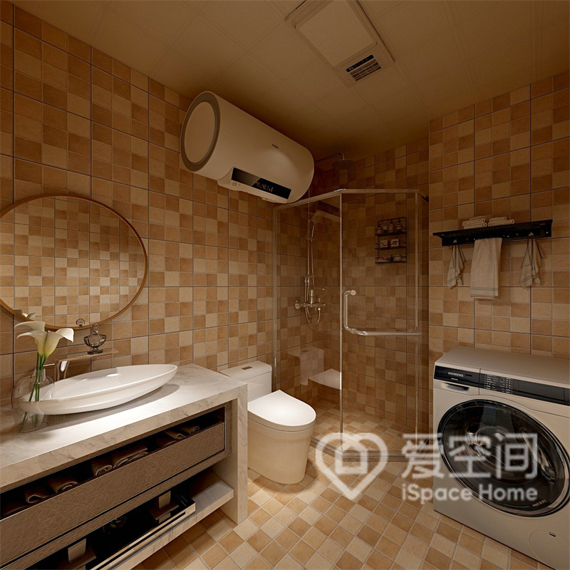 米色的卫浴间中采用了干湿分离，将洗衣机放在卫浴间方便日常使用。