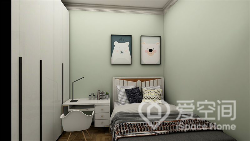 次卧选用了简约清新的浅绿色为背景墙，营造了一种精致柔和的美感。