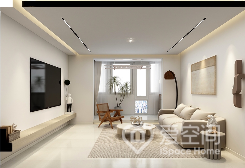 客厅白色与米色搭配，清新柔和，低矮家具保持了空间的舒展与轻盈。