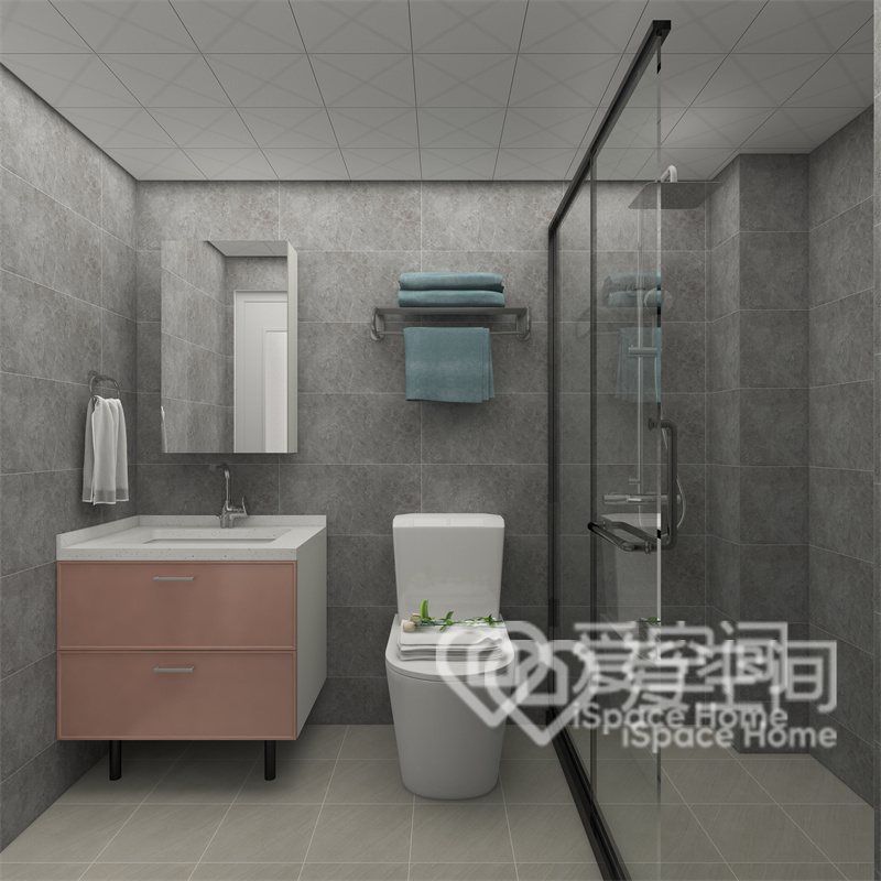 卫浴间主要以灰色为基调，干湿分离勾勒出一个静谧舒适的生活氛围。