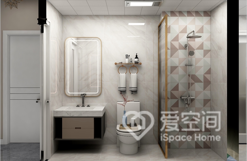 淋浴房背景墻增加了衛浴空間的裝飾細節，干濕分離令空間的層次格外分明。