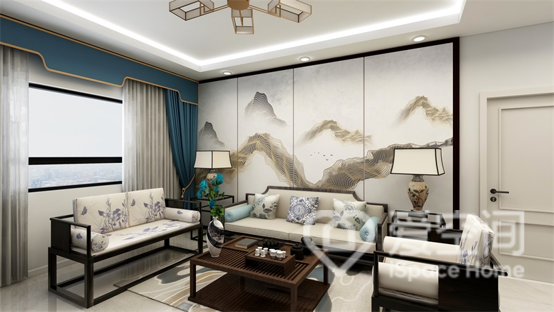 客廳背景采用山水元素設計，端莊大氣，沙發令中式韻味在空中流轉蔓延。
