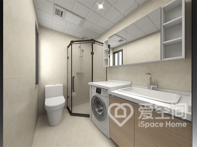 設計師以簡約線條勾勒出安靜溫馨的衛浴空間，細節之處體現出家具的質感。