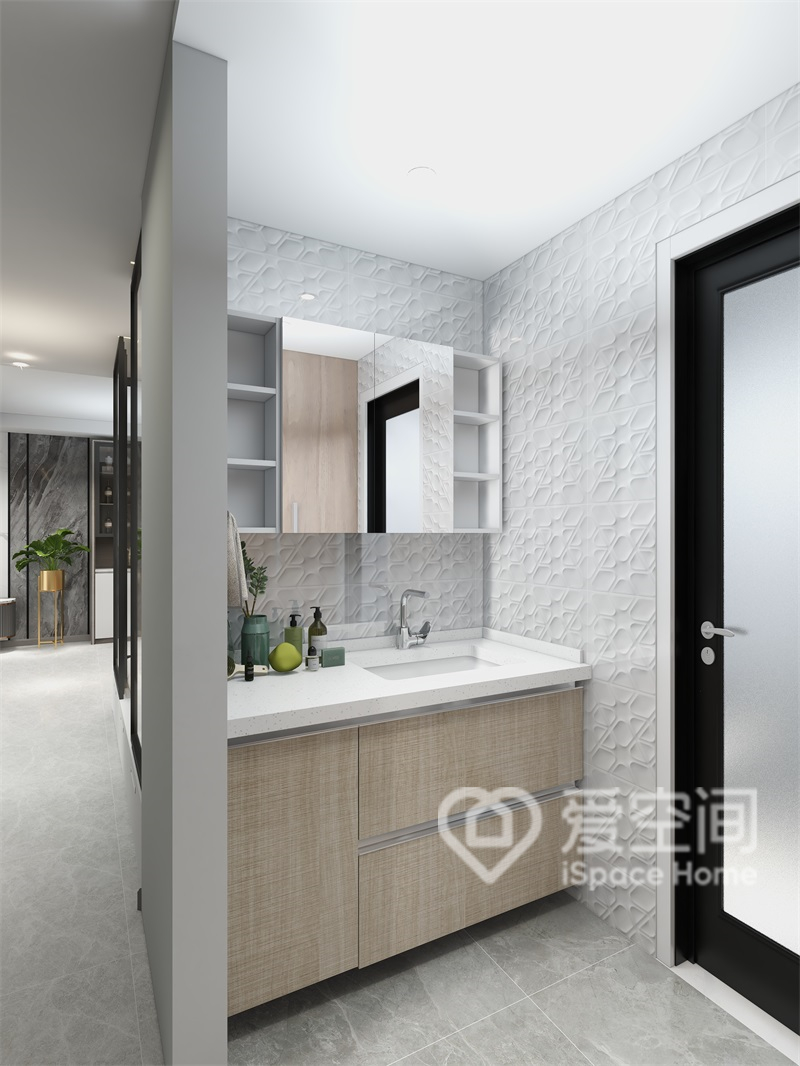 卫浴间洗手台外移设计，洗手台采用木质素材打造，呈现出空间的层次感。