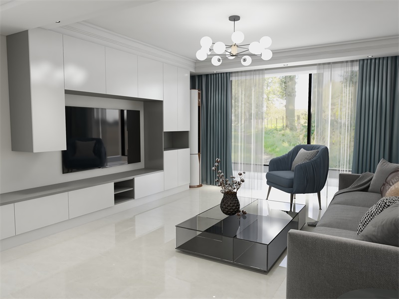 客厅以白色为主基调，灰色布艺沙发带有朴质的气息，电视墙造型是对现代风格的诠释。