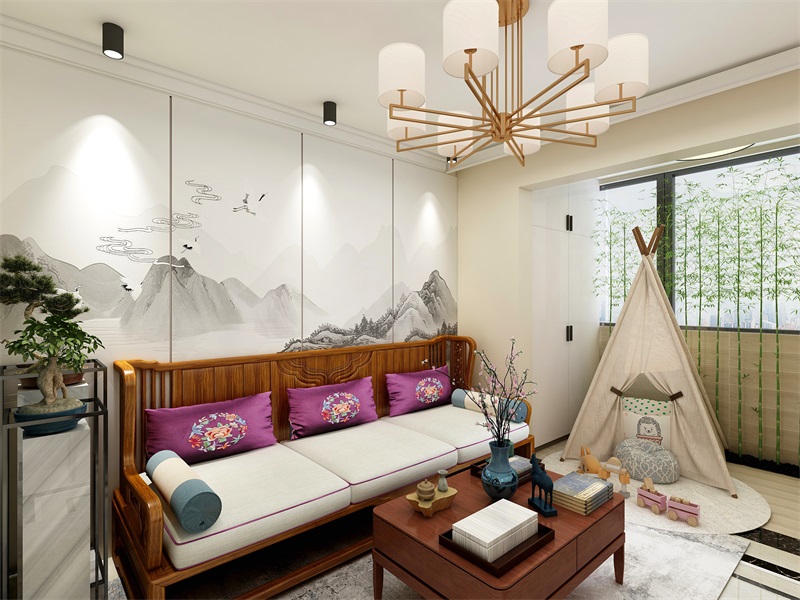 客廳以白色打造純凈空間，背景采用水墨畫裝飾，中式軟裝彰顯出優雅與精致。