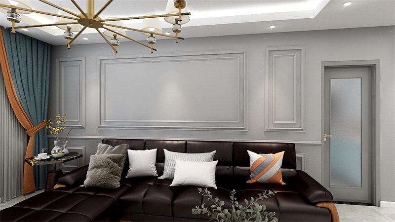 客厅利用石膏线来打造层次感，灰色背景中搭配黑色皮质沙发，格调雅致。