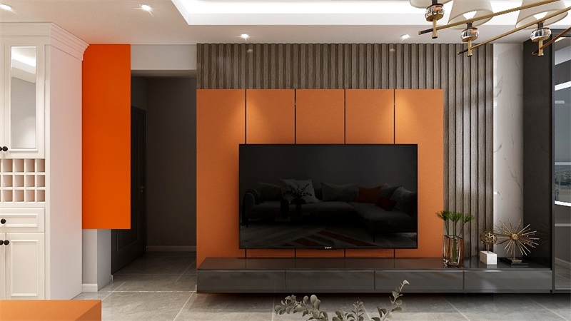 爱马仕橙使空间营造出绚烂的意境美感，电视墙的搭配也十分精致。