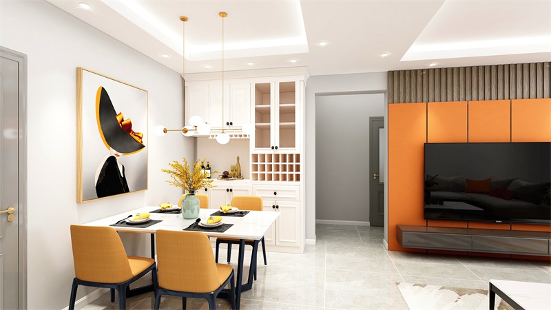 白色空间中采用橘色餐椅，用餐氛围得到升华，也令整个空间更显时尚。