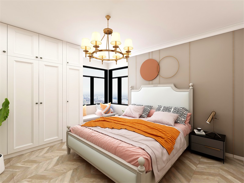 主卧的光线很好，室内搭配橘色、粉色软装，光线也变得更加柔和。