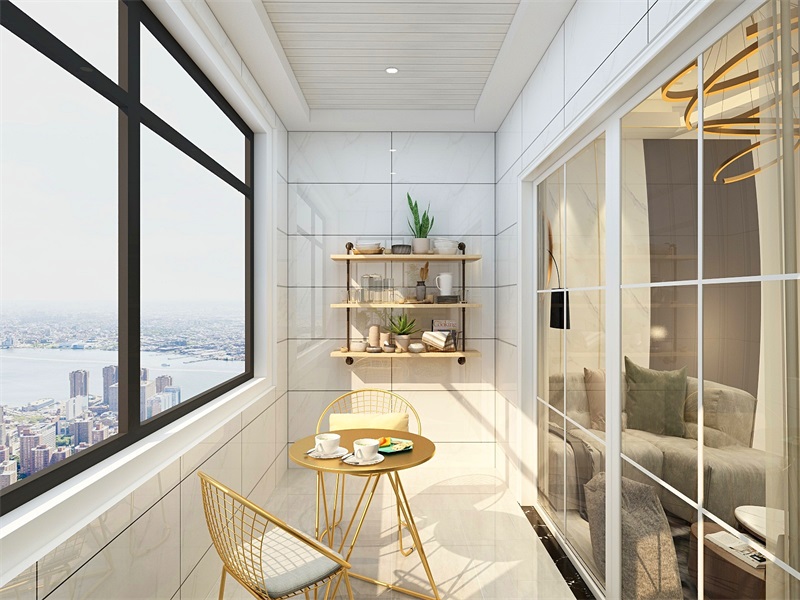 阳台空间放置了休闲桌椅和收纳架，丰富了空间层次，提升了功能区的使用率。