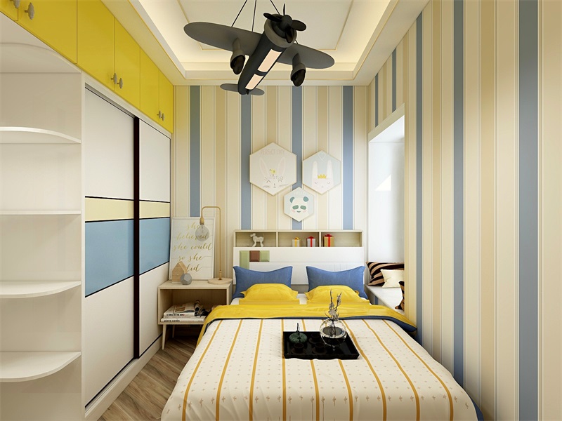 臥室采用豎線造型做壁紙，藍色與黃色撞色設計，使空間倍感時尚和活力。