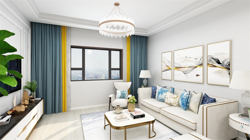 客厅以白色为主色调，白色沙发放置其中配以蓝黄色软装装饰，空间舒适而温馨。