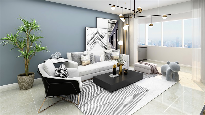 藍色調背景帶來沉穩的空間氛圍，搭配白色沙發和藝術掛畫，呈現出素雅的空間氛圍。