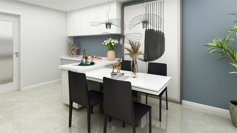餐廳設計簡約平和，背景墻同樣選擇了藍色背景，搭配黑白餐桌椅，實用而美觀。