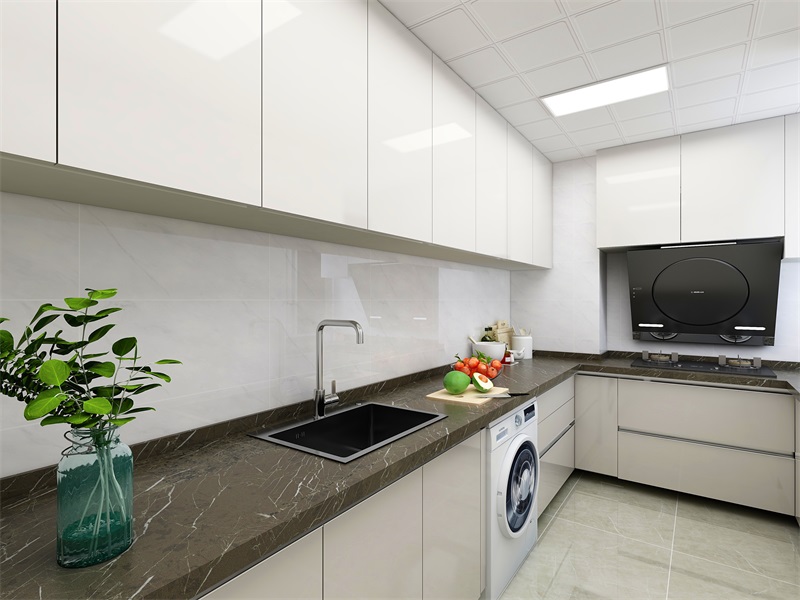 廚房空間實用米白色櫥柜打造，柔和雅致，咖色工作臺提升了空間的層次感。
