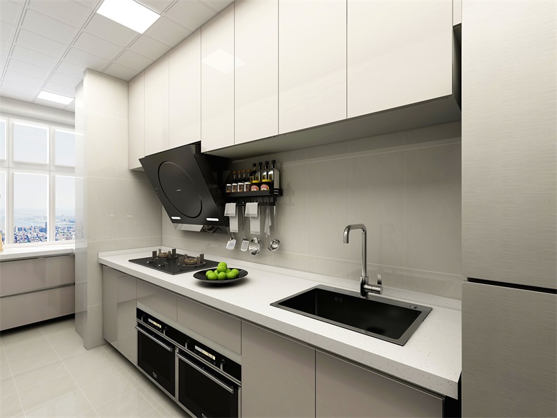 設計師利用櫥柜與背景配色，打造出沉浸式的烹飪空間，白色工作臺提升了空間層次感。