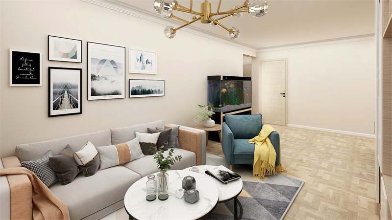 米色空间中，设计师以家具作为空间载体，为客厅带来沉稳的现代气质。