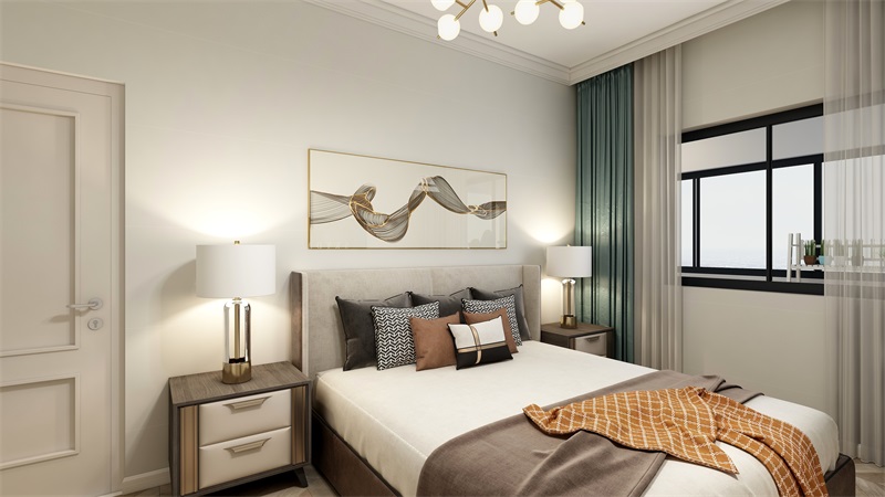 主卧采用大地色系搭配，床体造型简洁，灯具对称放置，呈现出简雅温馨的居住空间。