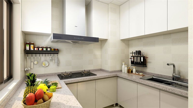 廚房采用白色櫥柜打造，視覺效果素雅溫馨，空間動線規劃流暢，使用便捷。