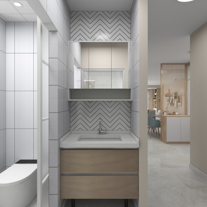 衛浴間使用干濕分離設計，洗手臺懸空打造，增加收納之余方便日常清掃。