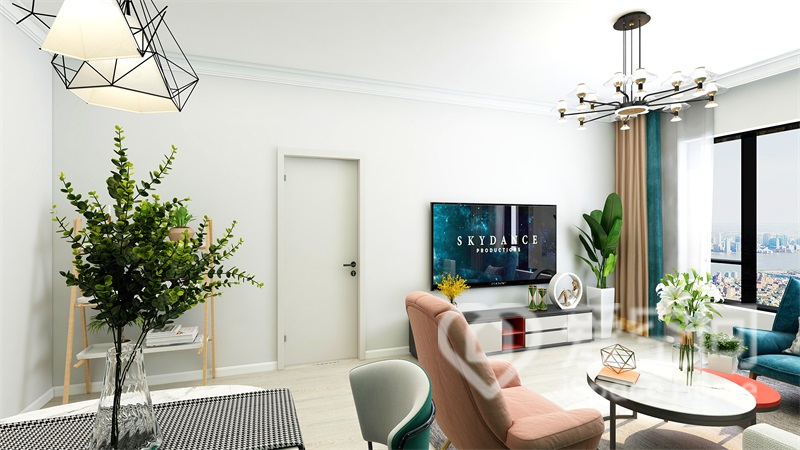電視墻采用白色涂料打造，電視機掛式設計，搭配地柜和綠植，令客廳精致而優雅。