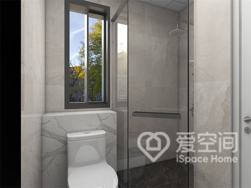 設計師通過沉穩的配色提升了衛浴間的層次，也使整體顯得更加有品質。