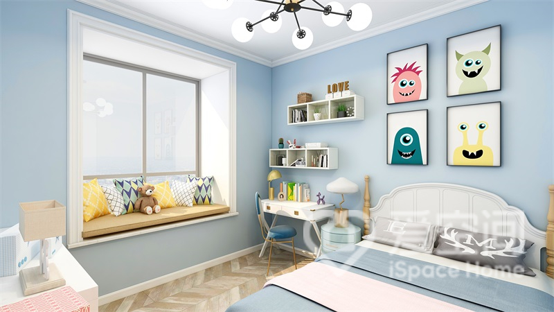 兒童房配色鮮活，舒適的家具及床品是空間里的主角，裝飾中折射出童趣感。