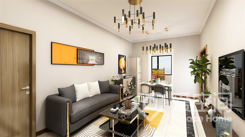 灰色布藝沙發搭配黃色軟裝點綴，加之金屬燈具加之，空間呈現精致感。