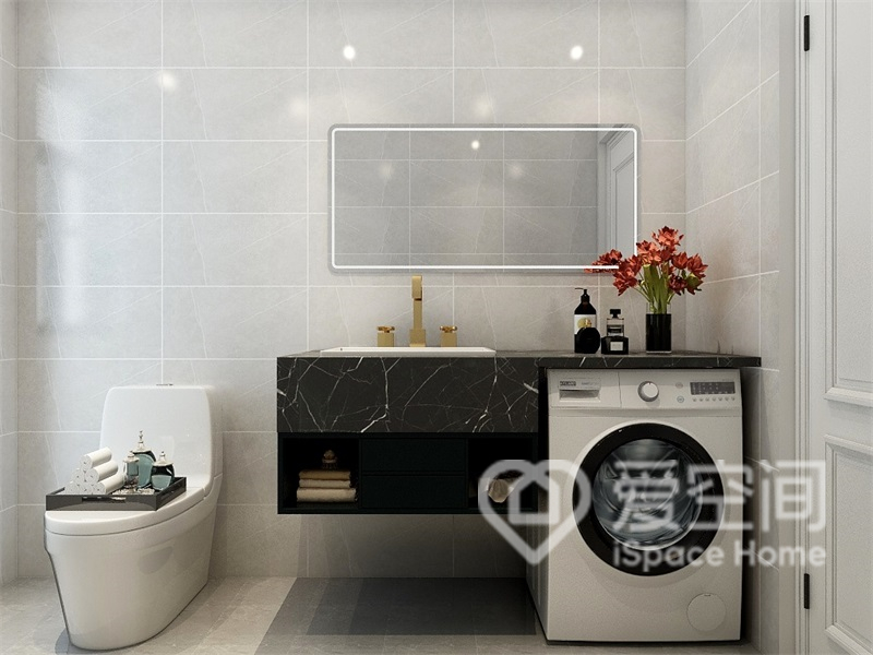 卫生间洗手台悬空设计，避免了卫生死角，将洗衣机放置在卫浴间中，提升了生活效率。