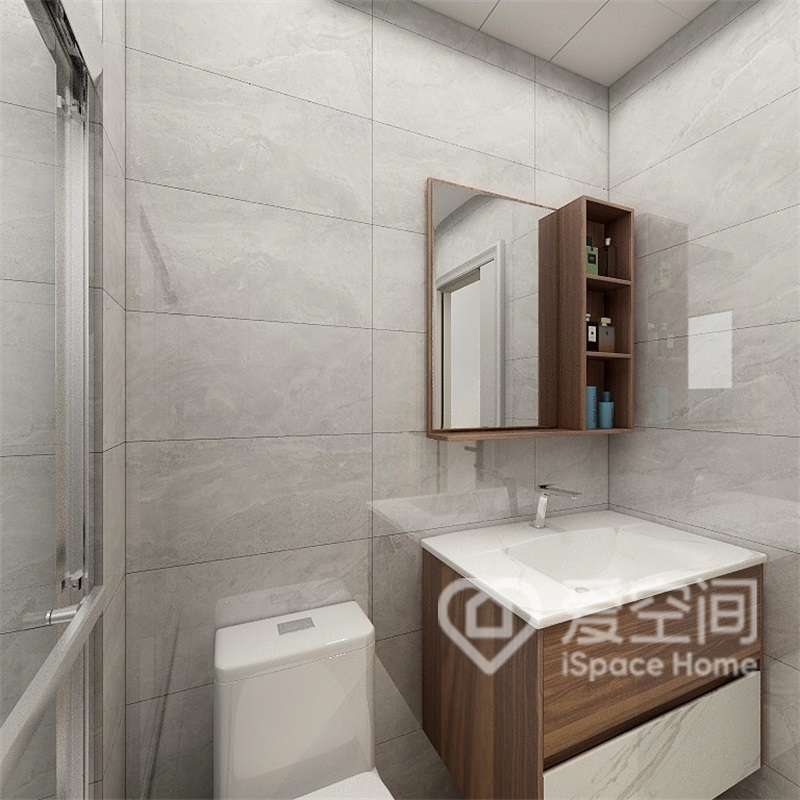 卫生间结构紧凑，干湿分离满足了使用需求，洗手台悬空设计，方便日常清洁。